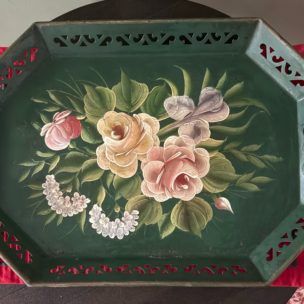 Vintage Tole Floral Painted Metal Tray
